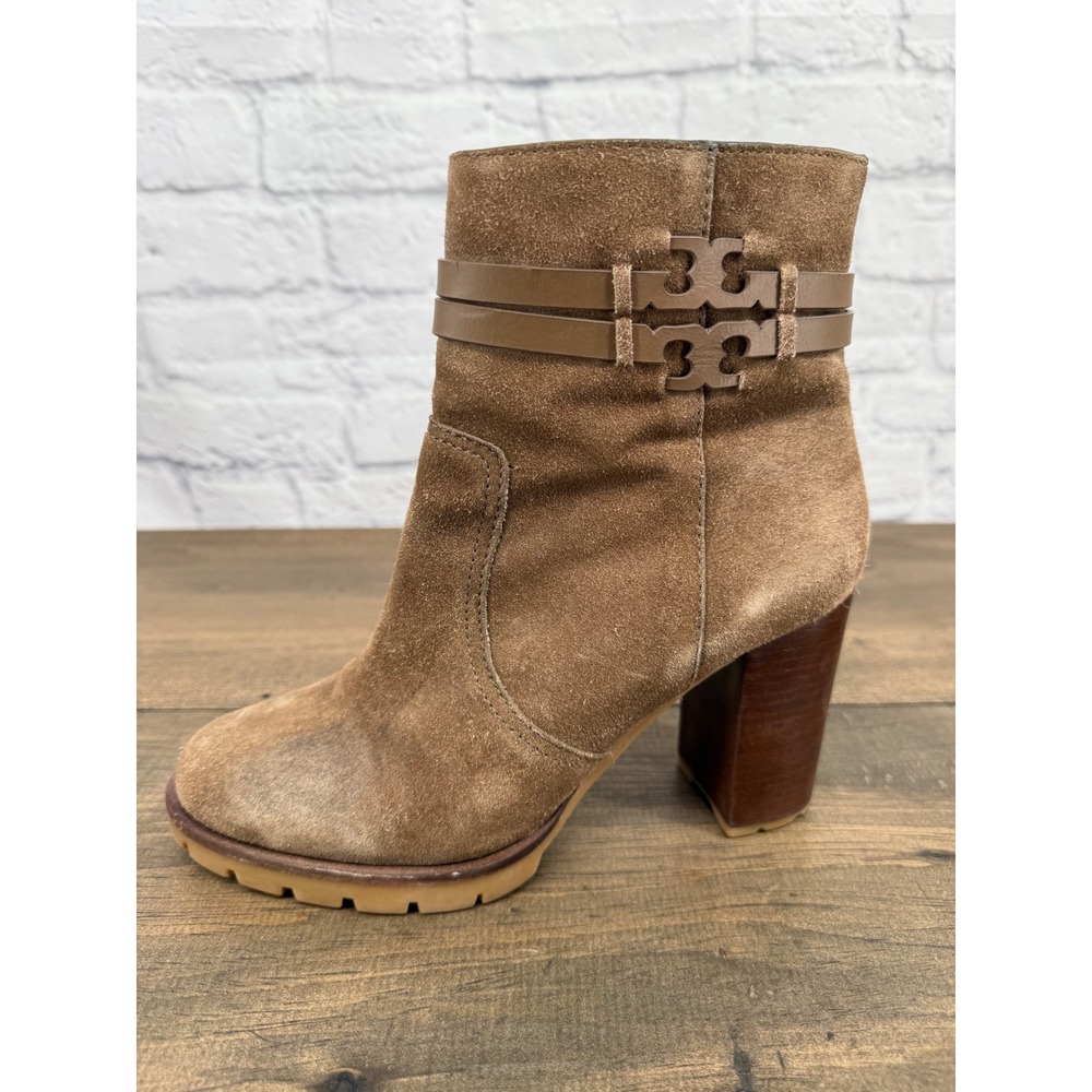 Tory Burch Leigh Brown Suede Double T Logo Lug Sole Ankle Boots 8.5M - Picture 9 of 15